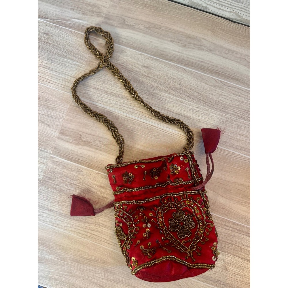Handmade Silk Potli Bag Womens Small Red Gold Ethnic Beadwork Batwa Pouch Good